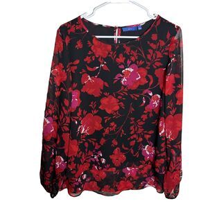 Apt 9 Blouse Women's Large Round Neck Sheer Long Sleeve Career Printed Top